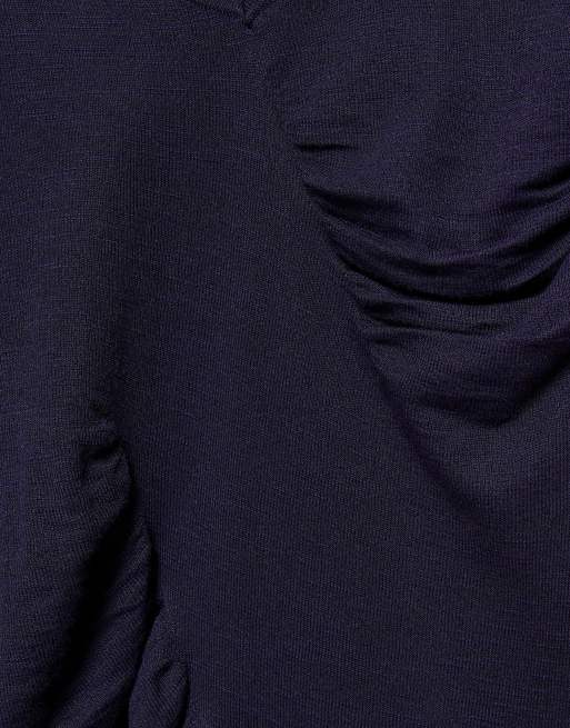 Pull&Bear Fine knit gathered jumper in navy, 5 of 6
