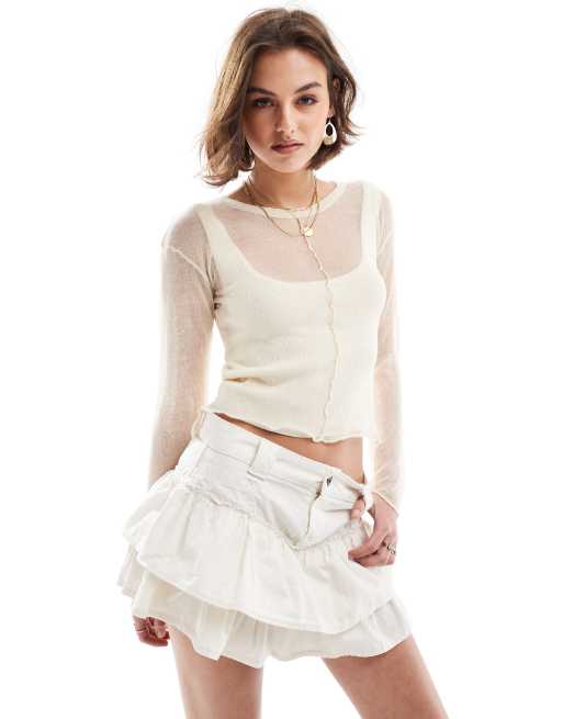 Pull&Bear fine knit long sleeved 2 in 1 top in beige