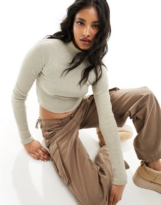 Pull&Bear fine knit roll neck cropped jumper in sand