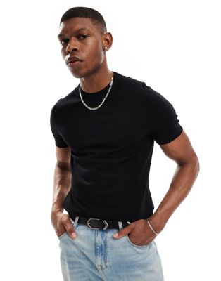 Pull&Bear fine knitted muscle fit t-shirt in black