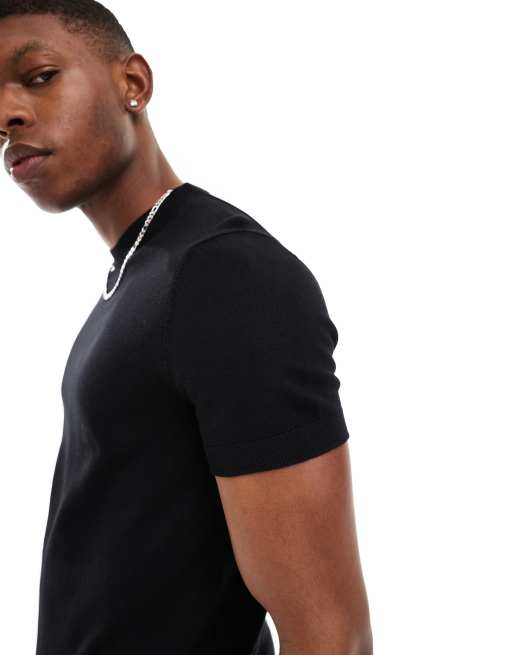 Pull&Bear fine knitted muscle fit t-shirt in black, 4 of 4