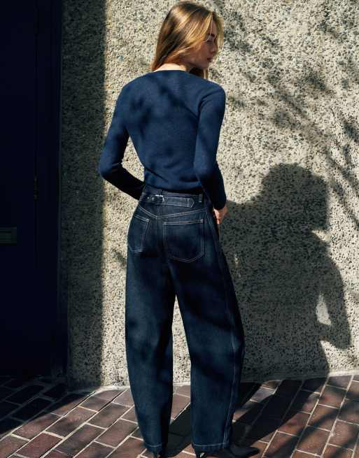Pull&Bear finstrikket trøje med henley-krave i marineblå, 2 af 5