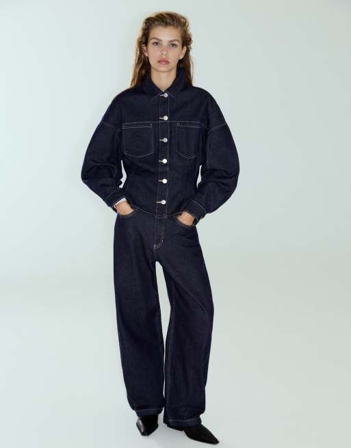 Pull&Bear Fitted denim shirt in navy, 4 of 7