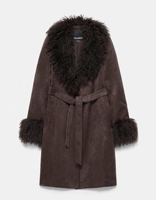 Pull&Bear Fitted faux suede coat in brown, 5 of 6