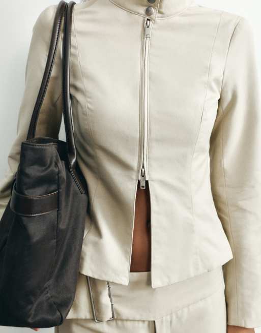 Pull&Bear Fitted high neck jacket in sand, 5 of 7