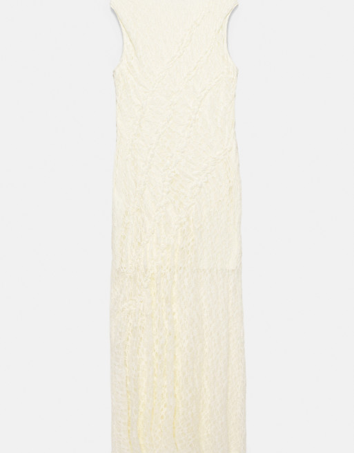 Pull&Bear Fitted lace midi dress in beige, 6 of 6