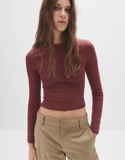 Pull&Bear Fitted long sleeve t-shirt in maroon