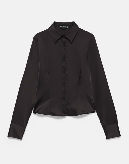 Pull&Bear Fitted satin shirt in black, 5 of 6