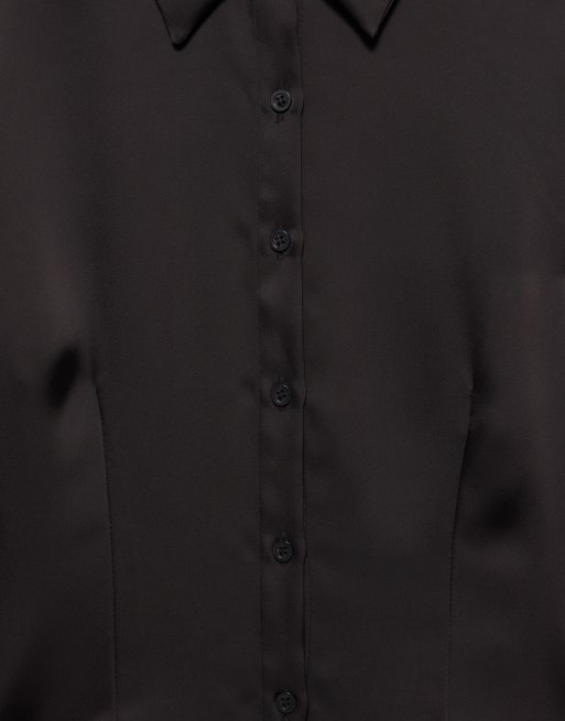 Pull&Bear Fitted satin shirt in black, 6 of 6