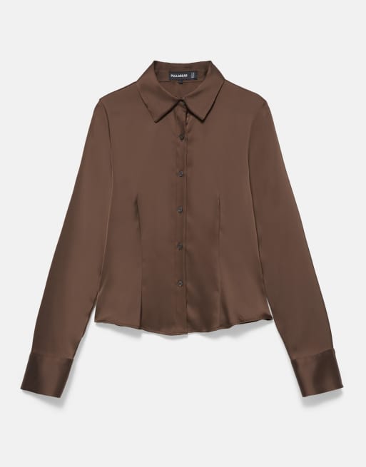Pull&Bear Fitted satin shirt in brown, 5 of 6