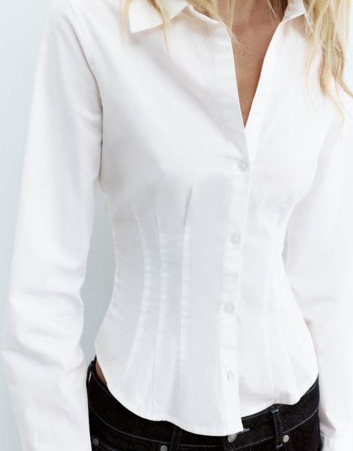 Pull&Bear Fitted shirt with pleats in white, 3 of 4