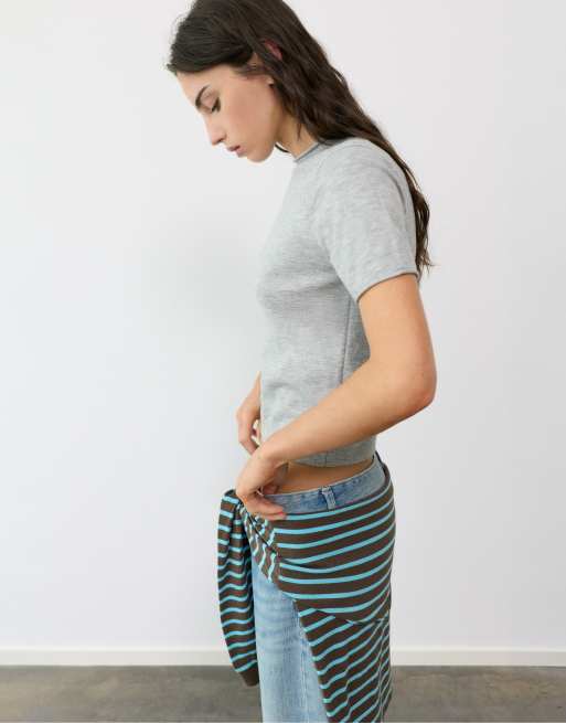 Pull&Bear Fitted short sleeve jumper in grey, 3 of 7