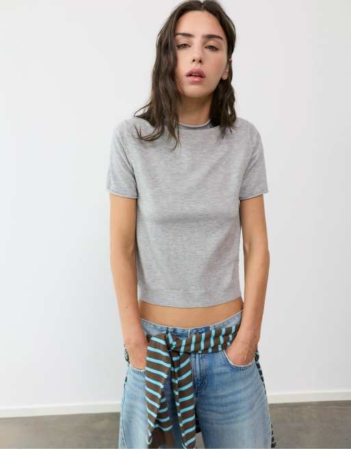 Pull&Bear Fitted short sleeve jumper in grey, 4 of 7
