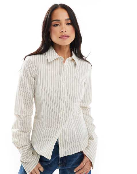 Pull&Bear fitted stripe shirt in ecru - view 1