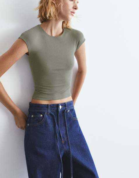 Pull&Bear Fitted t-shirt with full sleeves in khaki