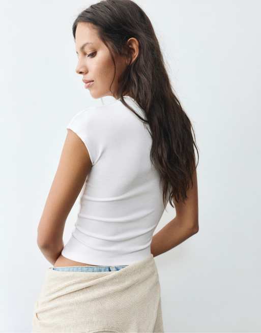 Pull&Bear fitted t-shirt with full sleeves in white, 2 of 7