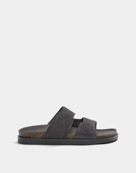 Pull&Bear – Flache Ledersandalen in Grau - view 1