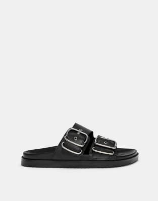 Pull & Bear - Flache Pantoletten in Schwarz mit Schnallendetail