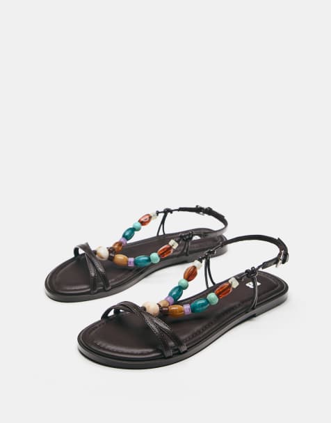 Pull&Bear – Flache Sandalen in Schwarz mit Perlenverzierung - view 1