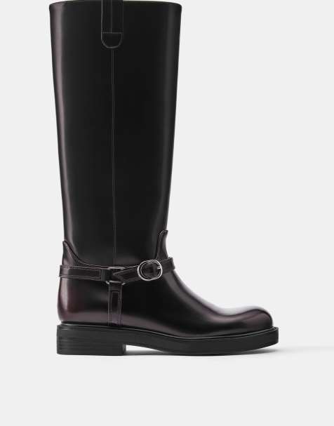 Pull&Bear flade støvler med høj benskæring og spænde i burgundy - view 1