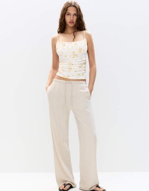 Pull&Bear - Flagrende sandfarvede bukser i hørblanding - view 1