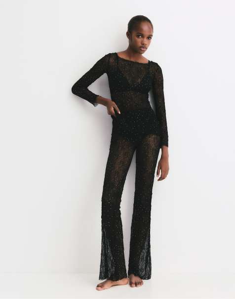 Pull&Bear Flared lace trousers with rhinestones in black