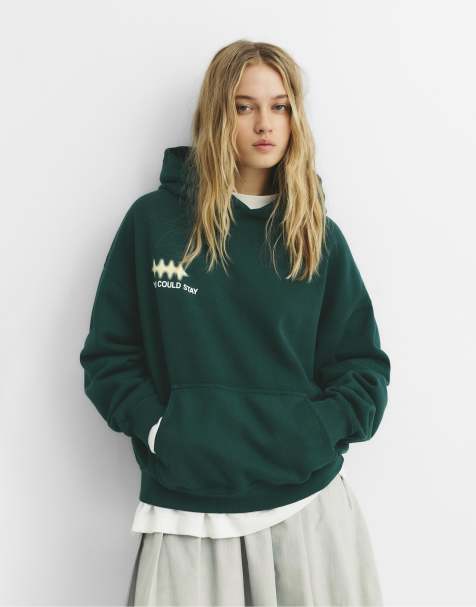 Pull&Bear - Flaskegrøn hættetrøje med sloganprint - view 1