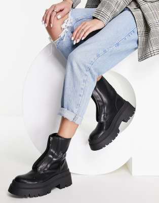 Pull&Bear flat boot with zip front in black