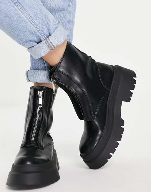 Pull Bear flat boot with zip front in black