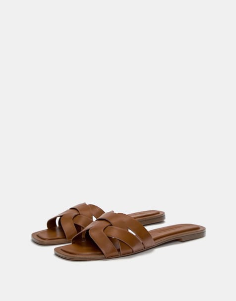 Pull&Bear flat crossover slider sandals in brown - view 1