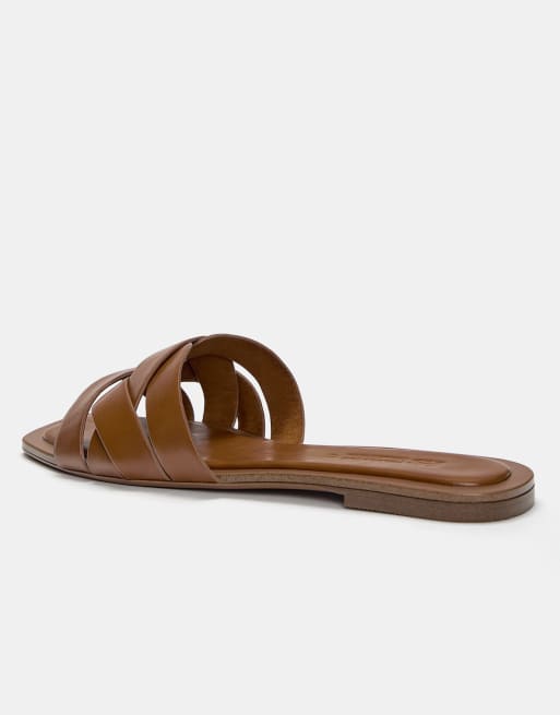 Pull&Bear flat crossover slider sandals in brown, 3 of 4