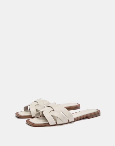Pull&Bear flat crossover slider sandals in ecru - view 1