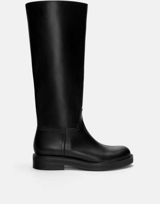 Pull&Bear flat knee high boots in black