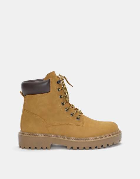Pull&Bear flat lace up boots in mustard - view 1