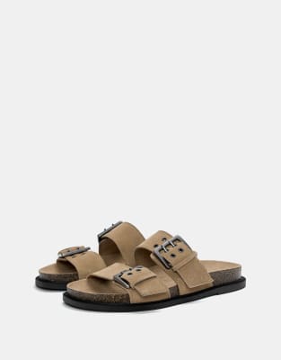 Pull&Bear flat leather slider sandals with buckles in sand