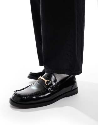 ASOS DESIGN penny loafers in black with gold color hardware