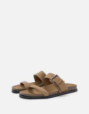 Pull&Bear flat sandals with buckle in brown - view 1