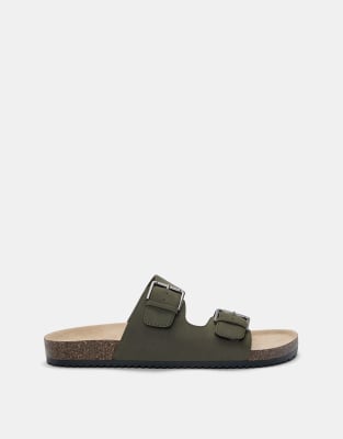 Pull&Bear flat sandals with buckle in khaki