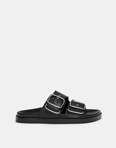 Pull&Bear flat slider sandals with buckles in black - view 1