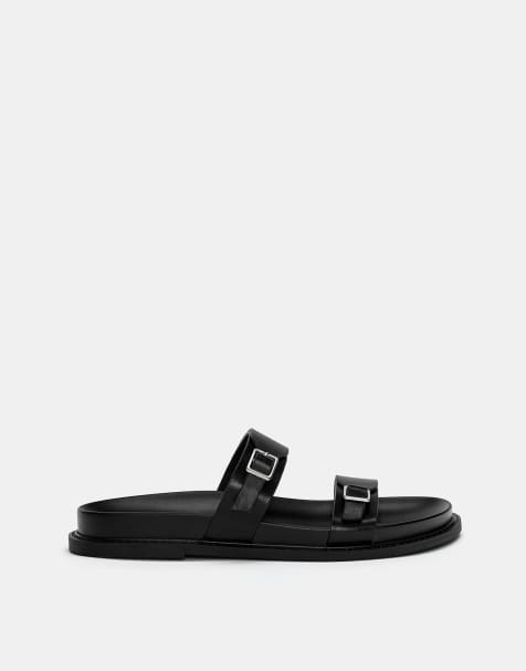 Pull&Bear Flat strappy slider sandals in black - view 1