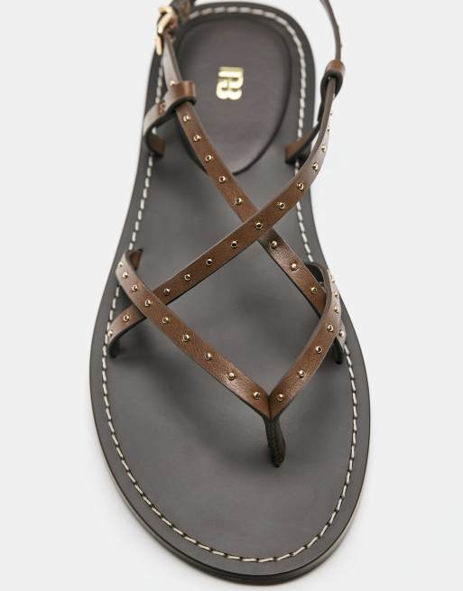 Pull&Bear Flat studded sandals in brown, 3 of 4