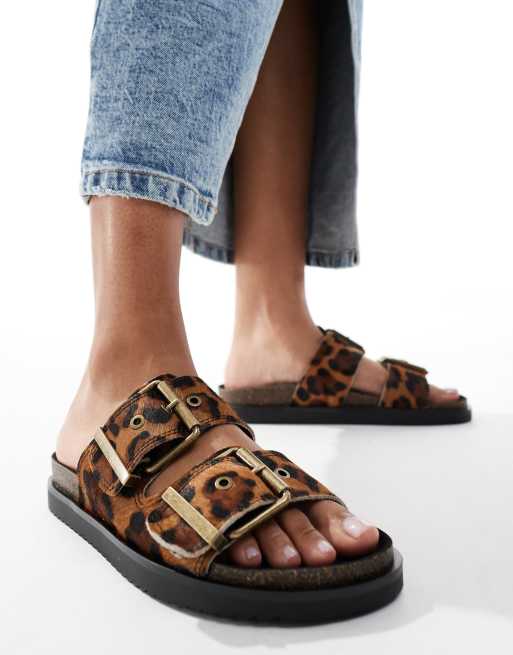 Pull Bear flatform leather sandals in leopard print