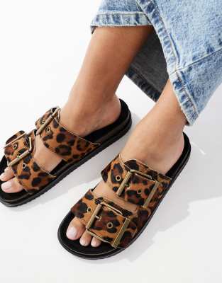 Pull & Bear - Flatform-Sandalen aus Leder mit Leopardenmuster-Neutral