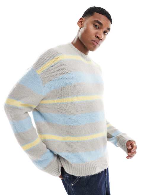 Pull&Bear – Flauschiger Strickpullover in Grau mit Streifen
