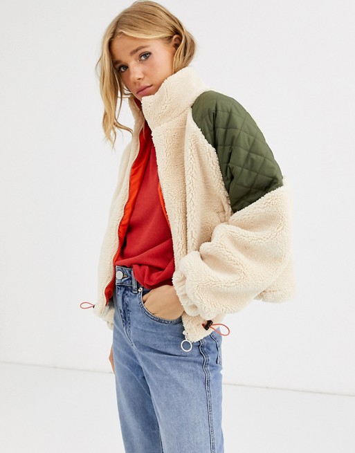 Pull&Bear fleece and quilt zip front jacket in ecru