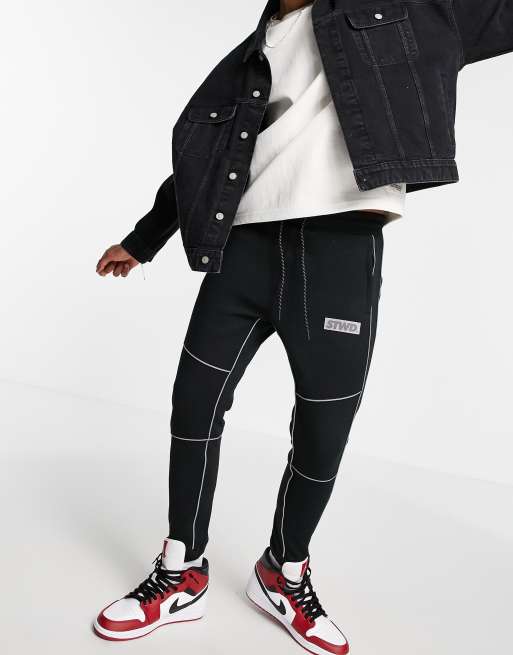Pull&Bear fleece sweatpants in black with piping