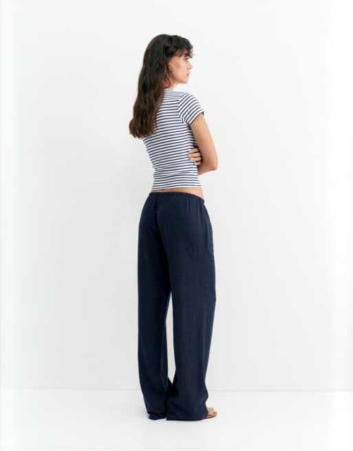 Pull&Bear – Fließende Hose aus Leinenmix in Marineblau, 5 von 7