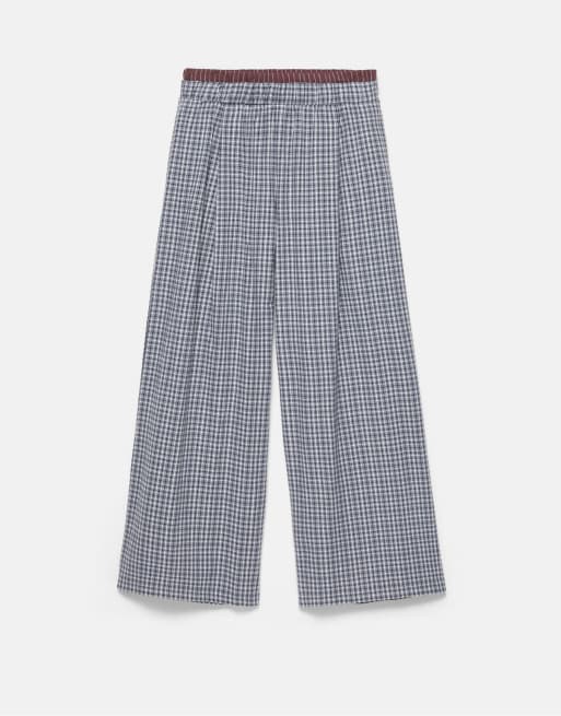 Pull&Bear fließende karierte Hose mit Kontrastbund in Grau, 5 von 5