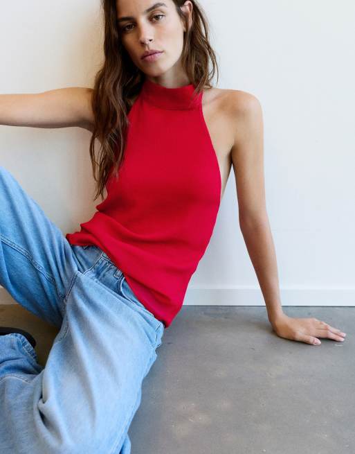 Pull&Bear fließendes Neckholder-Top in Rot, 2 von 7