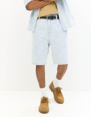 Pull & Bear Floral Baggy Denim Bermuda Shorts In Blue